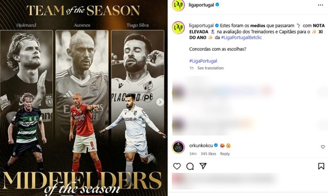 "Orkun Kokcu reacts to Portugal League post with 2 emojis in comment, June 7, 2025. (Screenshot from l@ligaportugal via Instagram)