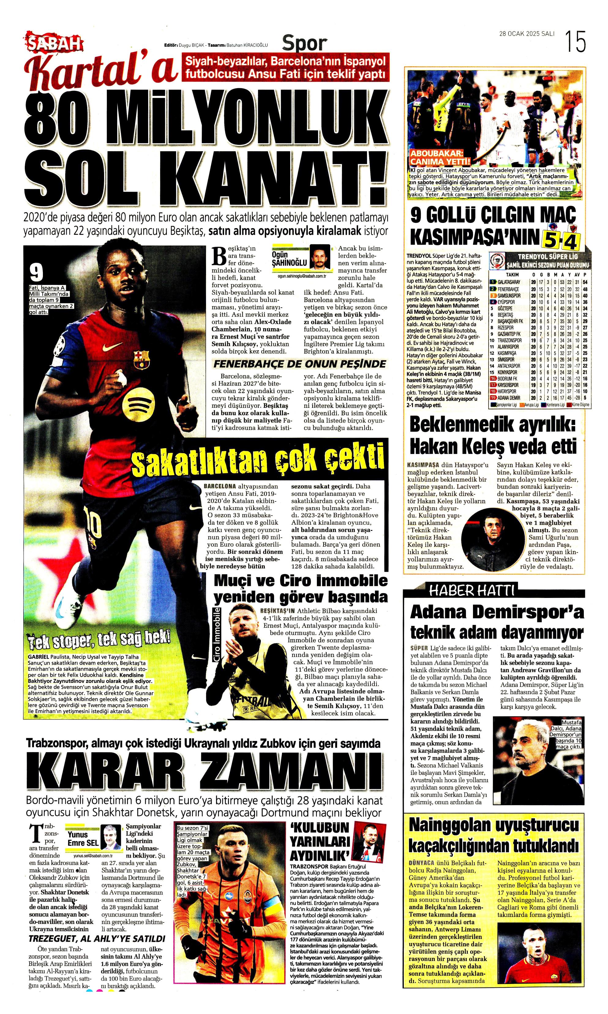 "Sıradaki transfer sol bek" | Sporun manşetleri  - 24. Foto