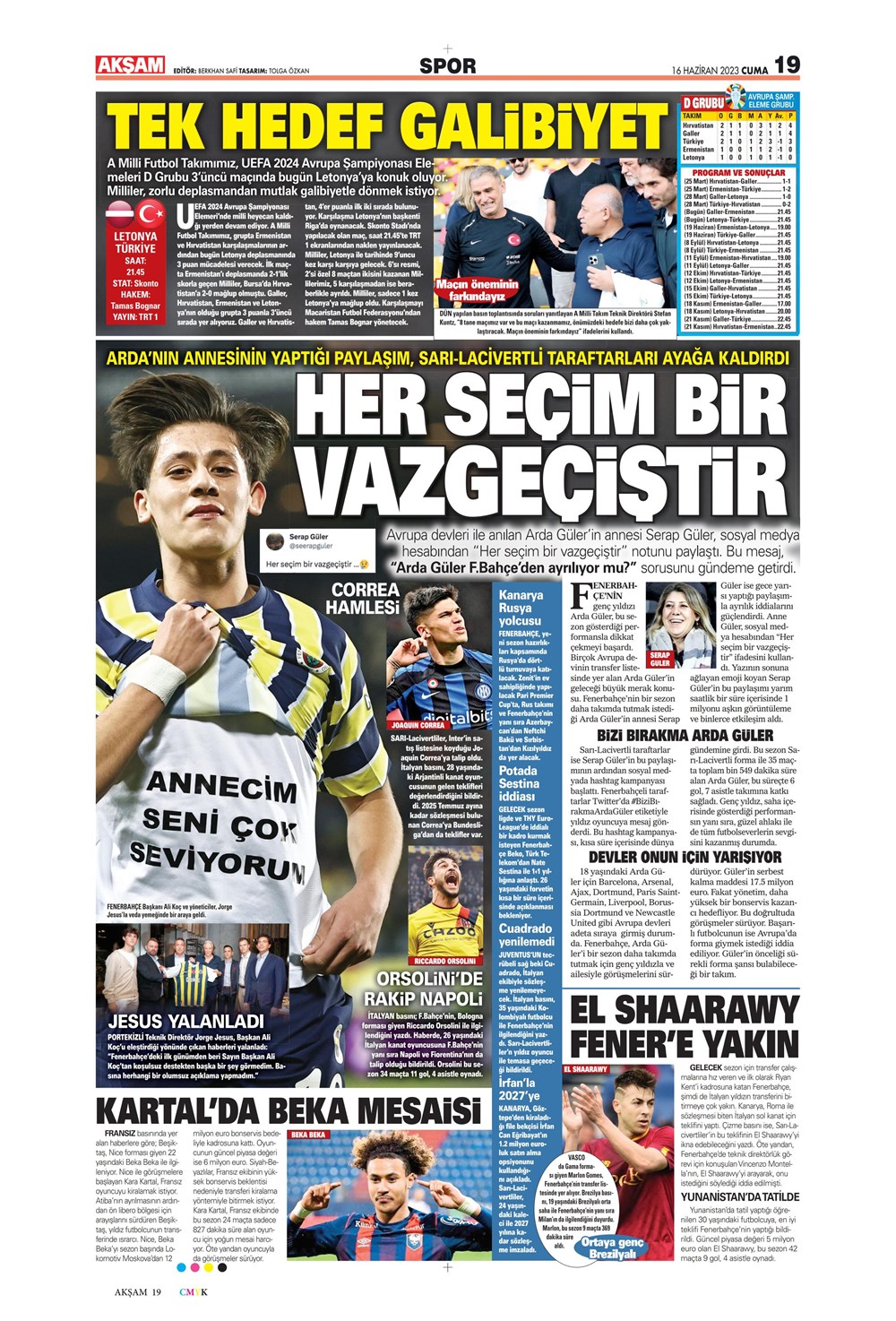 "Dzeko çok yakın" Sporun manşetleri (16 Haziran 2023)  - 1. Foto