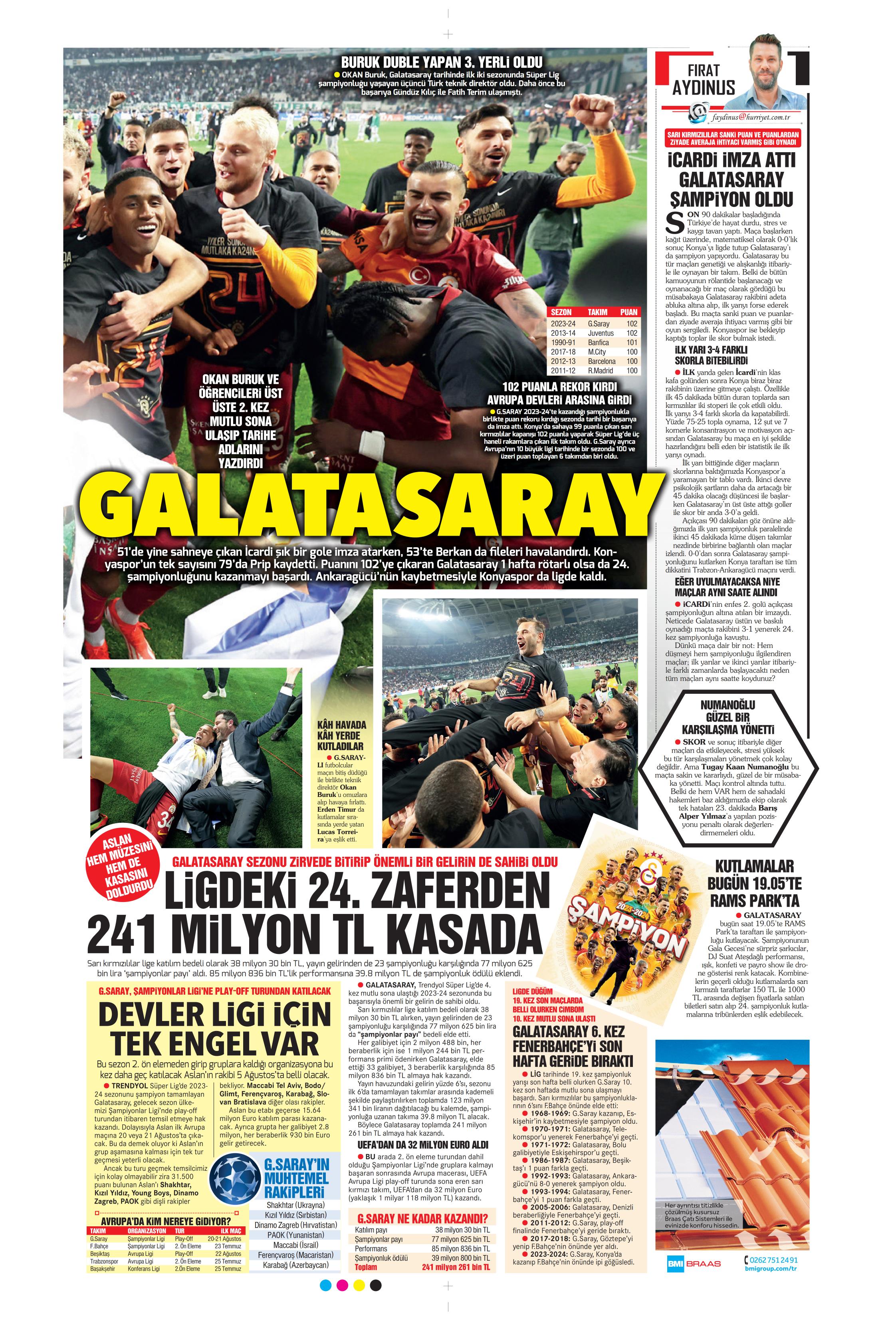 "Mayısların kralı şampiyon Aslan!" | Sporun manşetleri (27 Mayıs 2024)  - 27. Foto