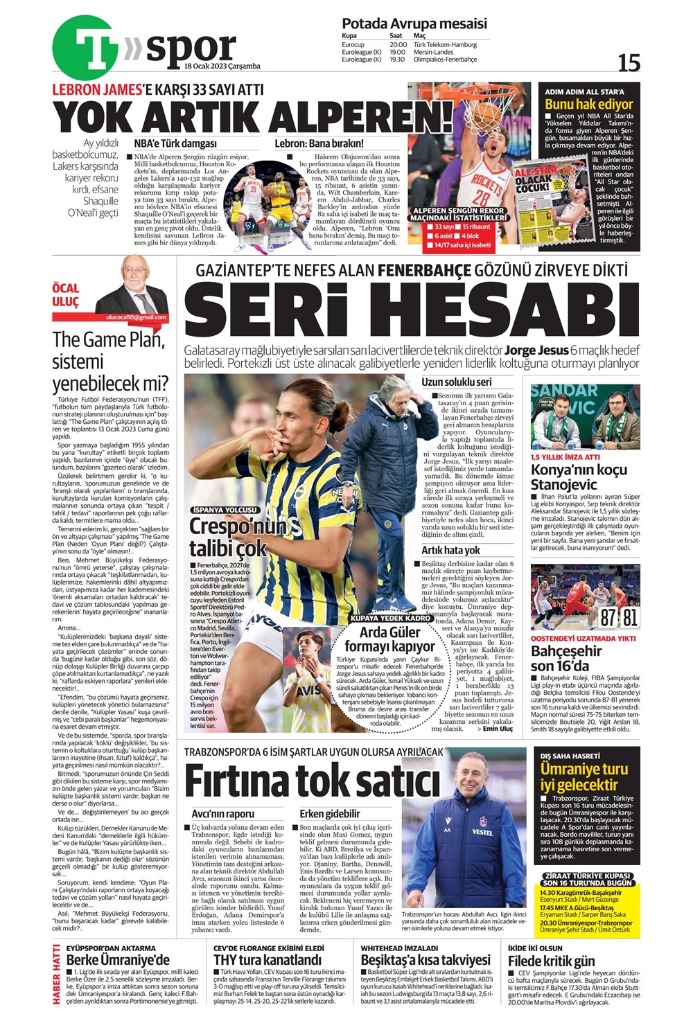 Sporun Manşetleri (18 Ocak 2023) - 33. Foto
