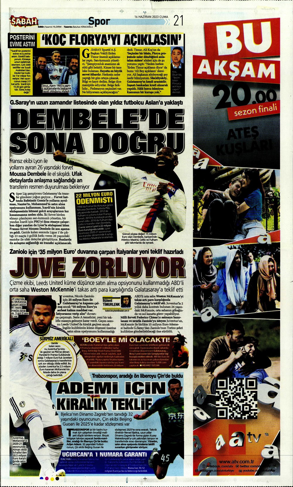 "Dzeko çok yakın" Sporun manşetleri (16 Haziran 2023)  - 22. Foto